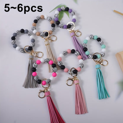 Keychain - Beaded Wristband Set 5 Pcs - Leopard Print Polka Dot Fringe Charm for - product detail view 9