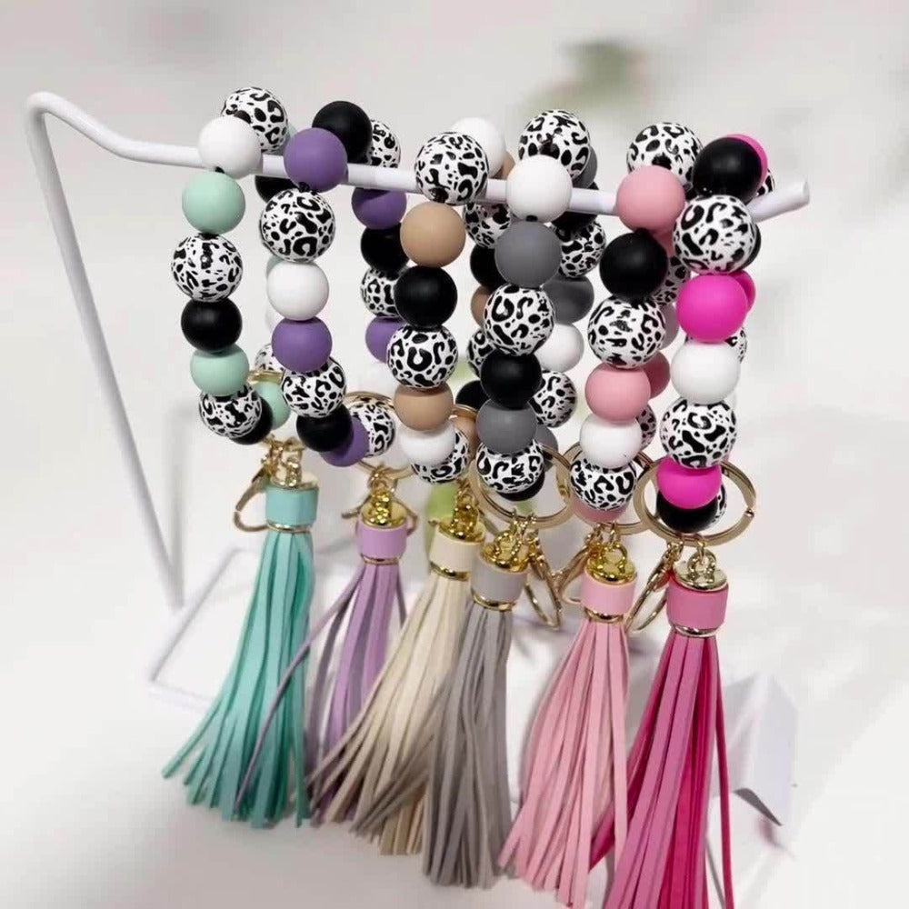 Keychain - Beaded Wristband Set 5 Pcs - Leopard Print Polka Dot Fringe Charm for - product detail view 10