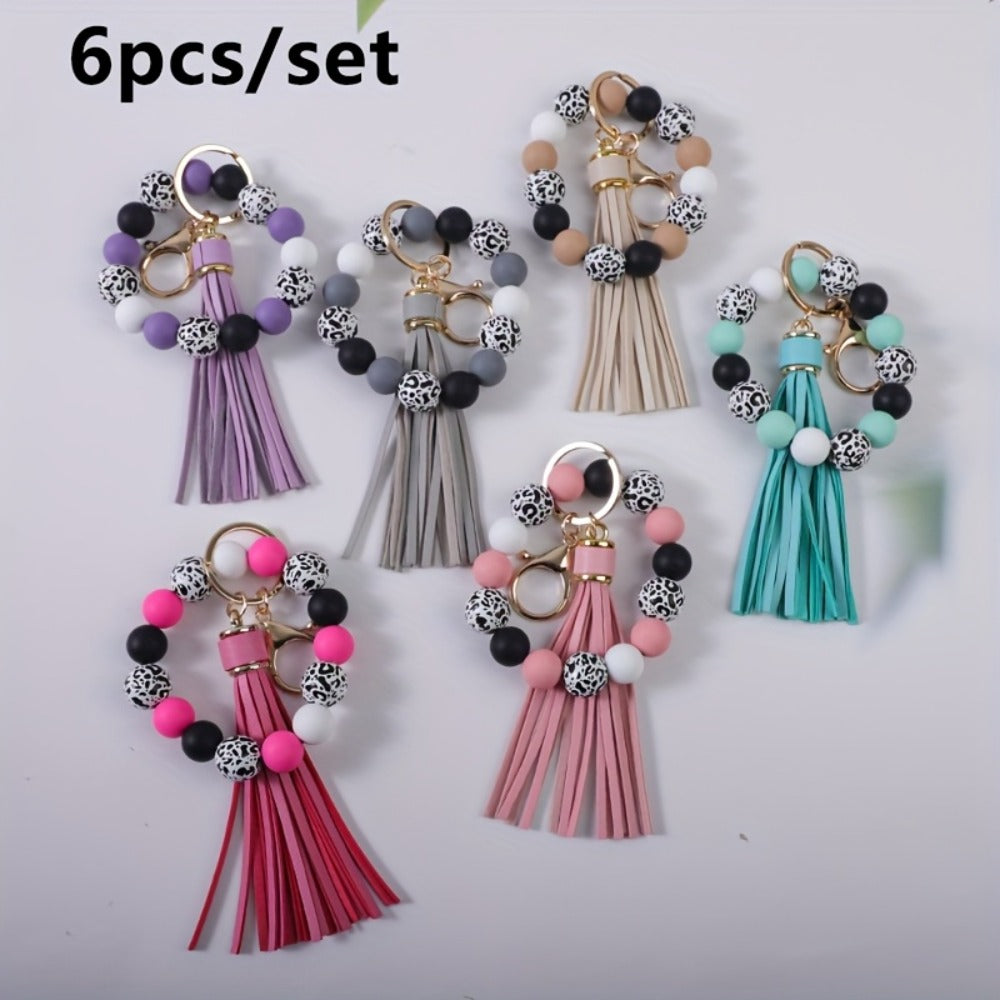 Keychain - Beaded Wristband Set 5 Pcs - Leopard Print Polka Dot Fringe Charm for - product detail view 11