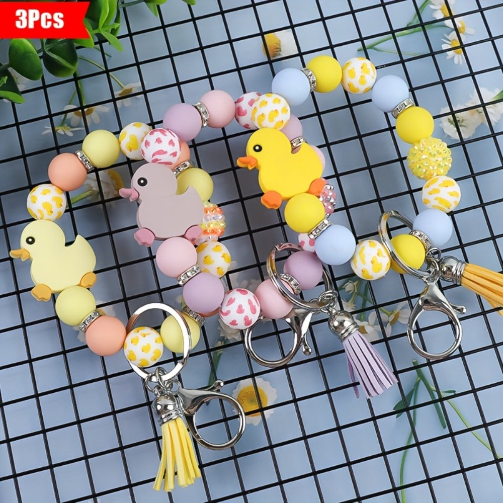 Keychain - Duck Set 3 Pack | Cute Cartoon Duck Bead Key Ring, Kawaii Animal Charm - product detail view 3