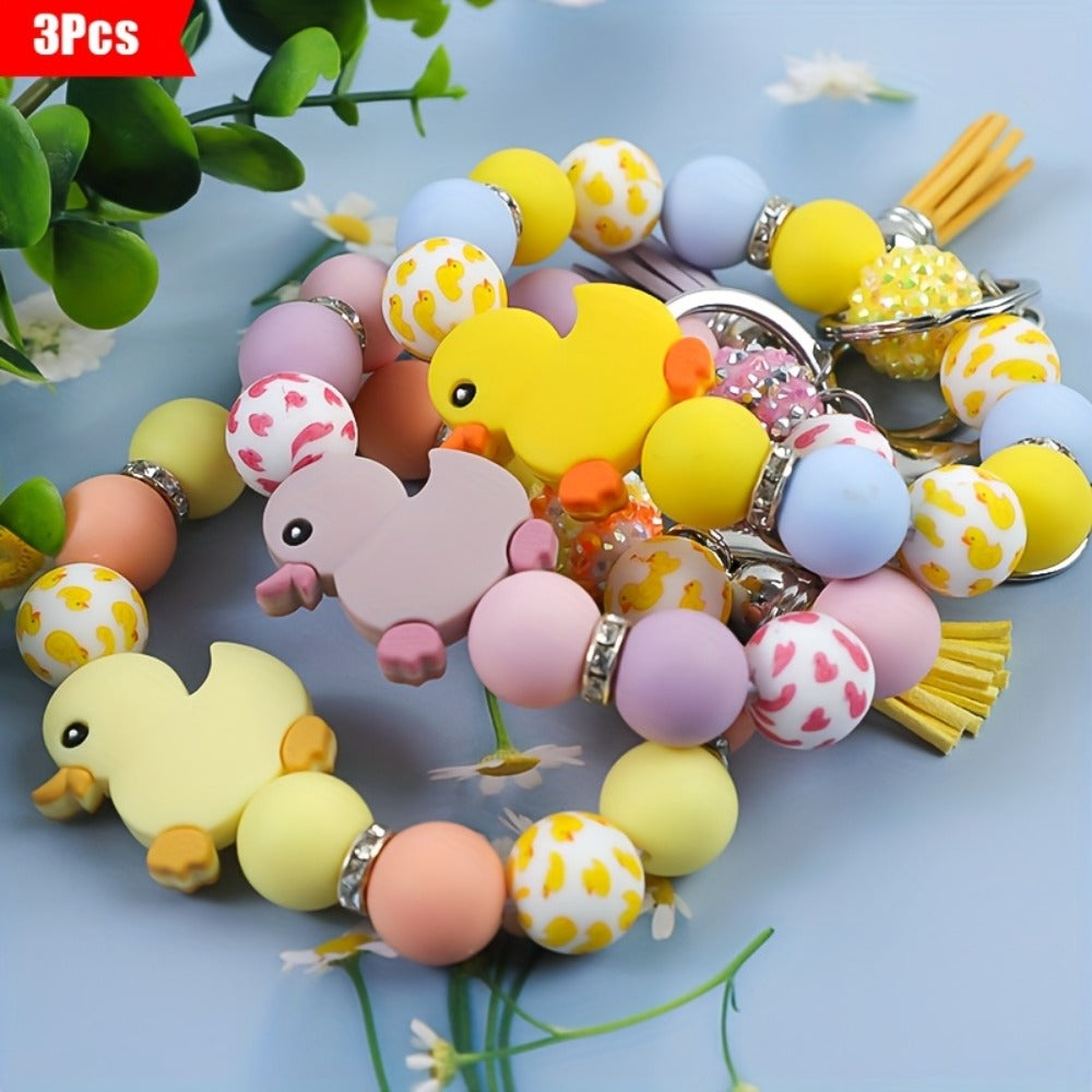 Keychain - Duck Set 3 Pack | Cute Cartoon Duck Bead Key Ring, Kawaii Animal Charm - product detail view 4