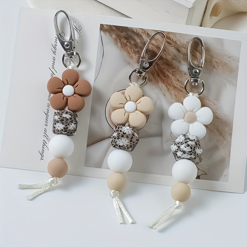 Keychain - Flower Bead Set 3 Pcs - Cute Mini Floral Beaded for Women Girls, Handmade - main product view