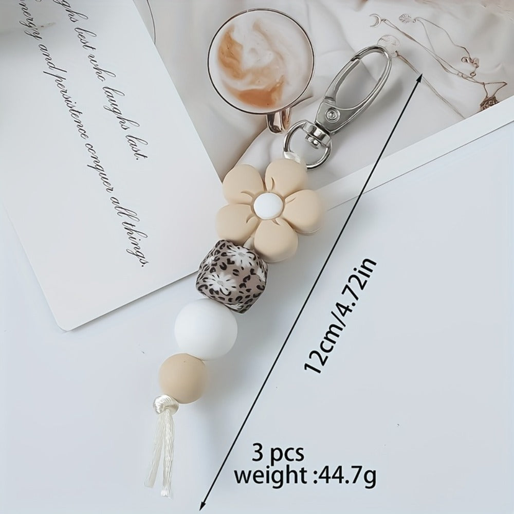 Keychain - Flower Bead Set 3 Pcs - Cute Mini Floral Beaded for Women Girls, Handmade - product detail view 2