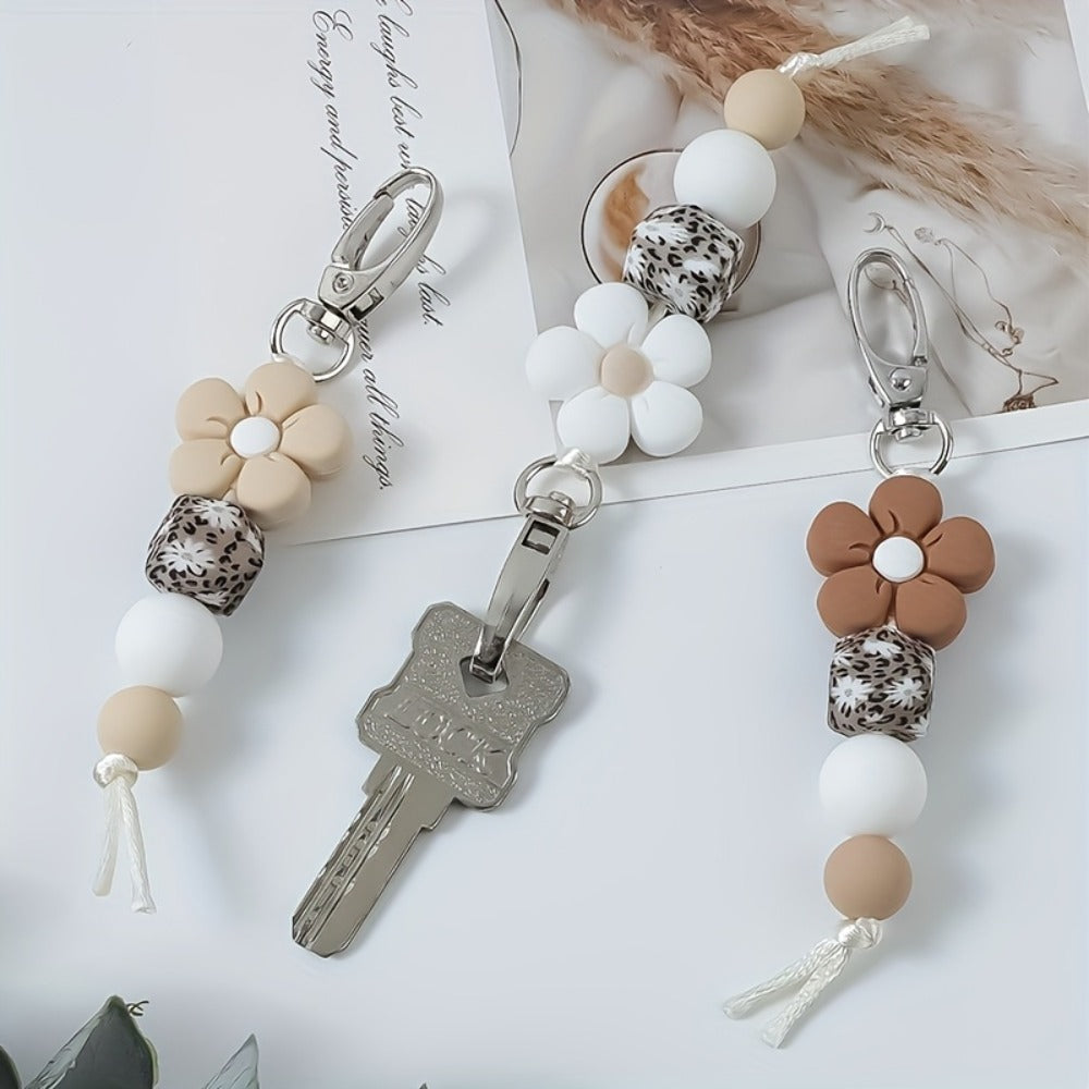 Keychain - Flower Bead Set 3 Pcs - Cute Mini Floral Beaded for Women Girls, Handmade - product detail view 5