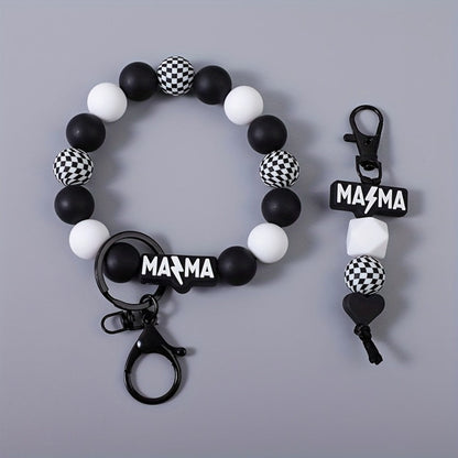 Keychain - MAMA Beaded Set 2 Pcs - Handmade Checkered Bead Keyring for Women Men - product detail view 3