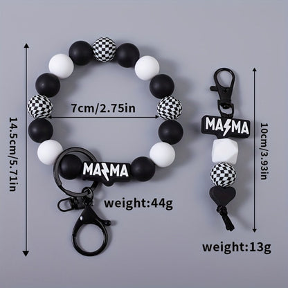 Keychain - MAMA Beaded Set 2 Pcs - Handmade Checkered Bead Keyring for Women Men - product detail view 5