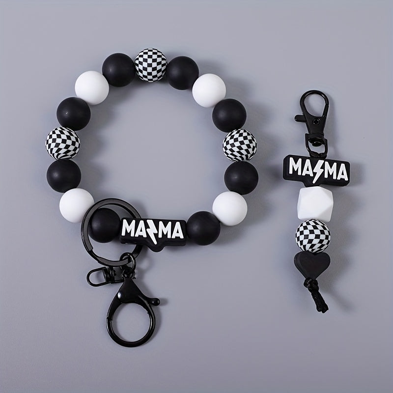 Keychain - MAMA Beaded Set 2 Pcs - Handmade Checkered Bead Keyring for Women Men - product detail view 14