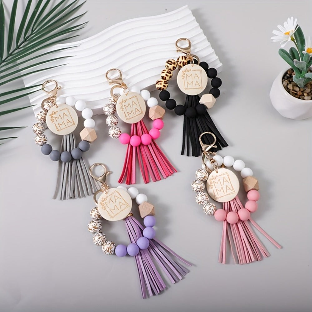 Keychain - MAMA Set 5 Pcs - Leopard Print Wooden Bead Wrist Keyring with PU Tassel & - main product view