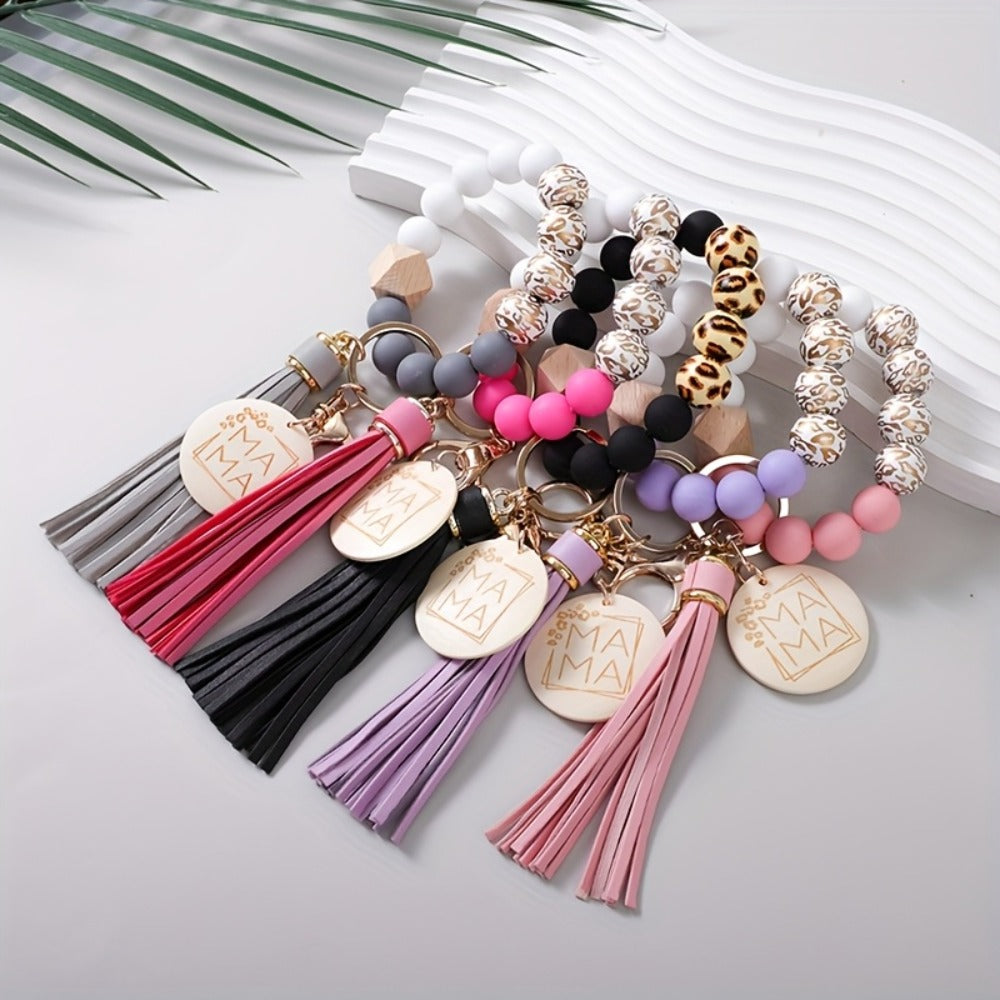 Keychain - MAMA Set 5 Pcs - Leopard Print Wooden Bead Wrist Keyring with PU Tassel & - product detail view 2