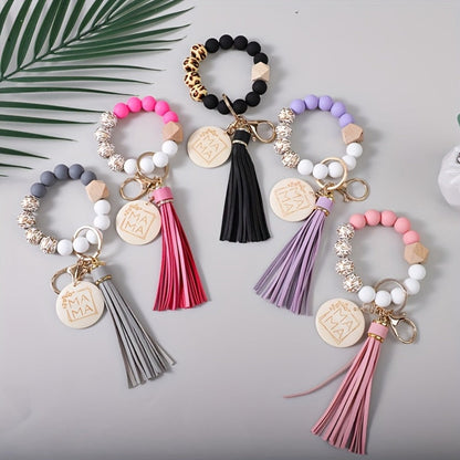 Keychain - MAMA Set 5 Pcs - Leopard Print Wooden Bead Wrist Keyring with PU Tassel & - product detail view 3