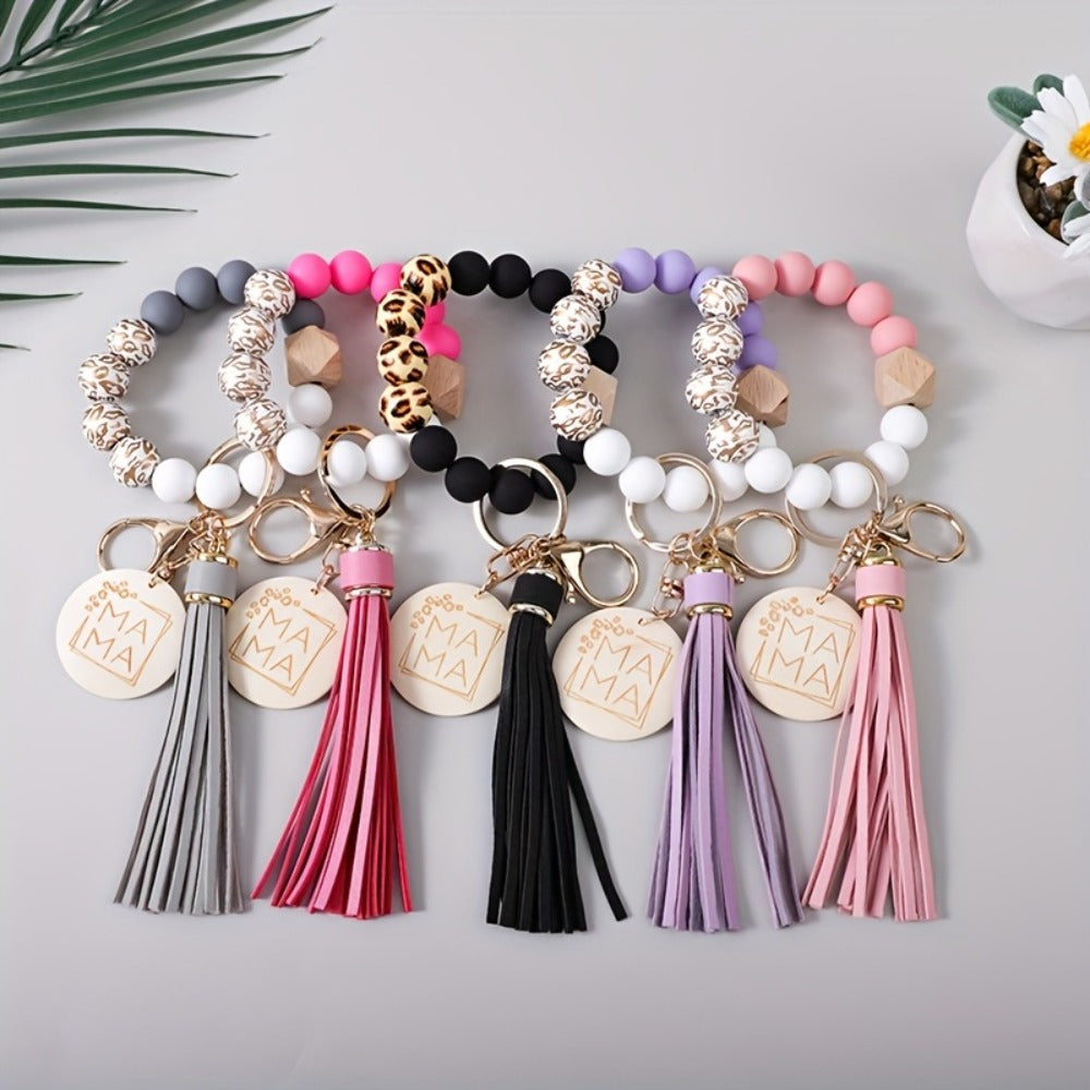 Keychain - MAMA Set 5 Pcs - Leopard Print Wooden Bead Wrist Keyring with PU Tassel & - product detail view 4