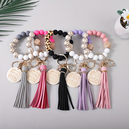 Keychain - MAMA Set 5 Pcs - Leopard Print Wooden Bead Wrist Keyring with PU Tassel & - product detail view 4