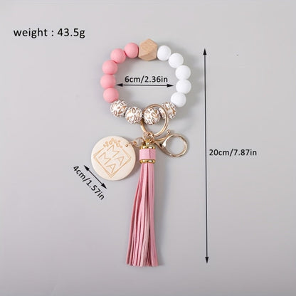 Keychain - MAMA Set 5 Pcs - Leopard Print Wooden Bead Wrist Keyring with PU Tassel & - product detail view 5