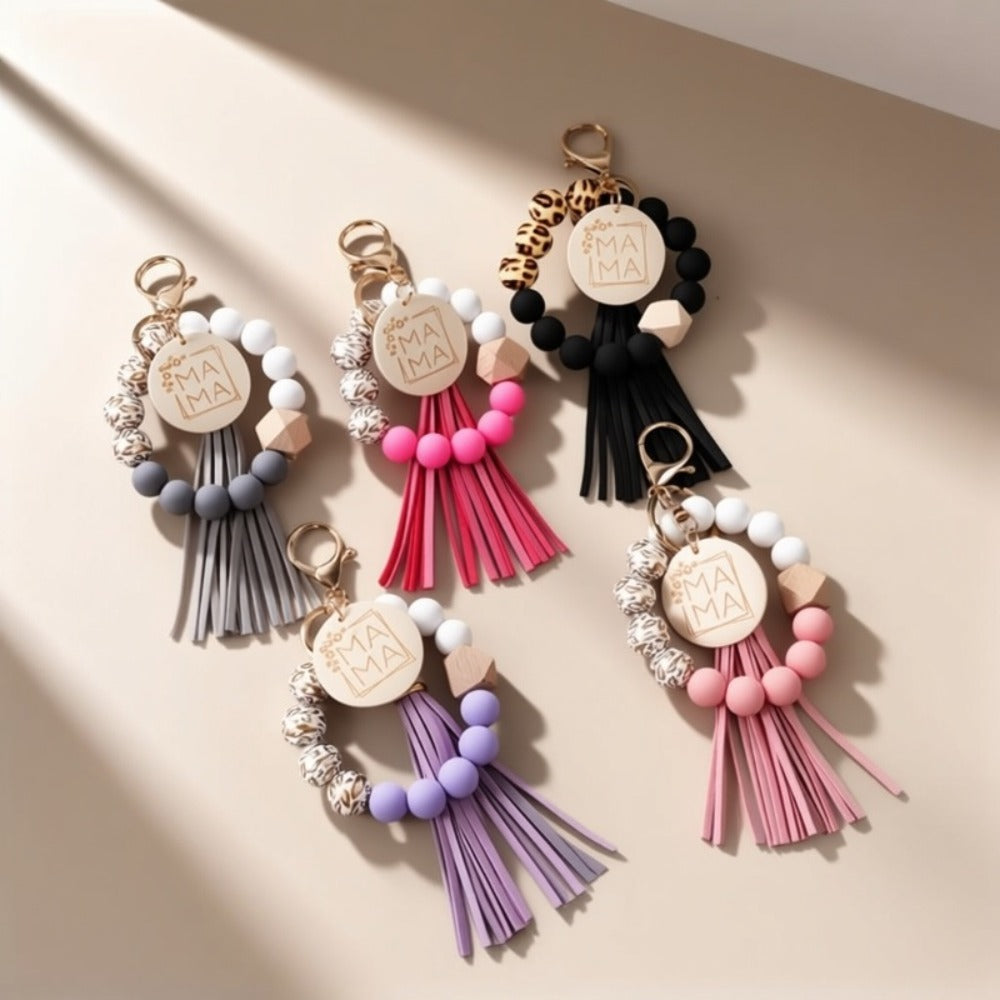 Keychain - MAMA Set 5 Pcs - Leopard Print Wooden Bead Wrist Keyring with PU Tassel & - product detail view 6
