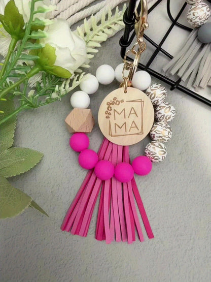 Keychain - MAMA Set 5 Pcs - Leopard Print Wooden Bead Wrist Keyring with PU Tassel & - product detail view 7