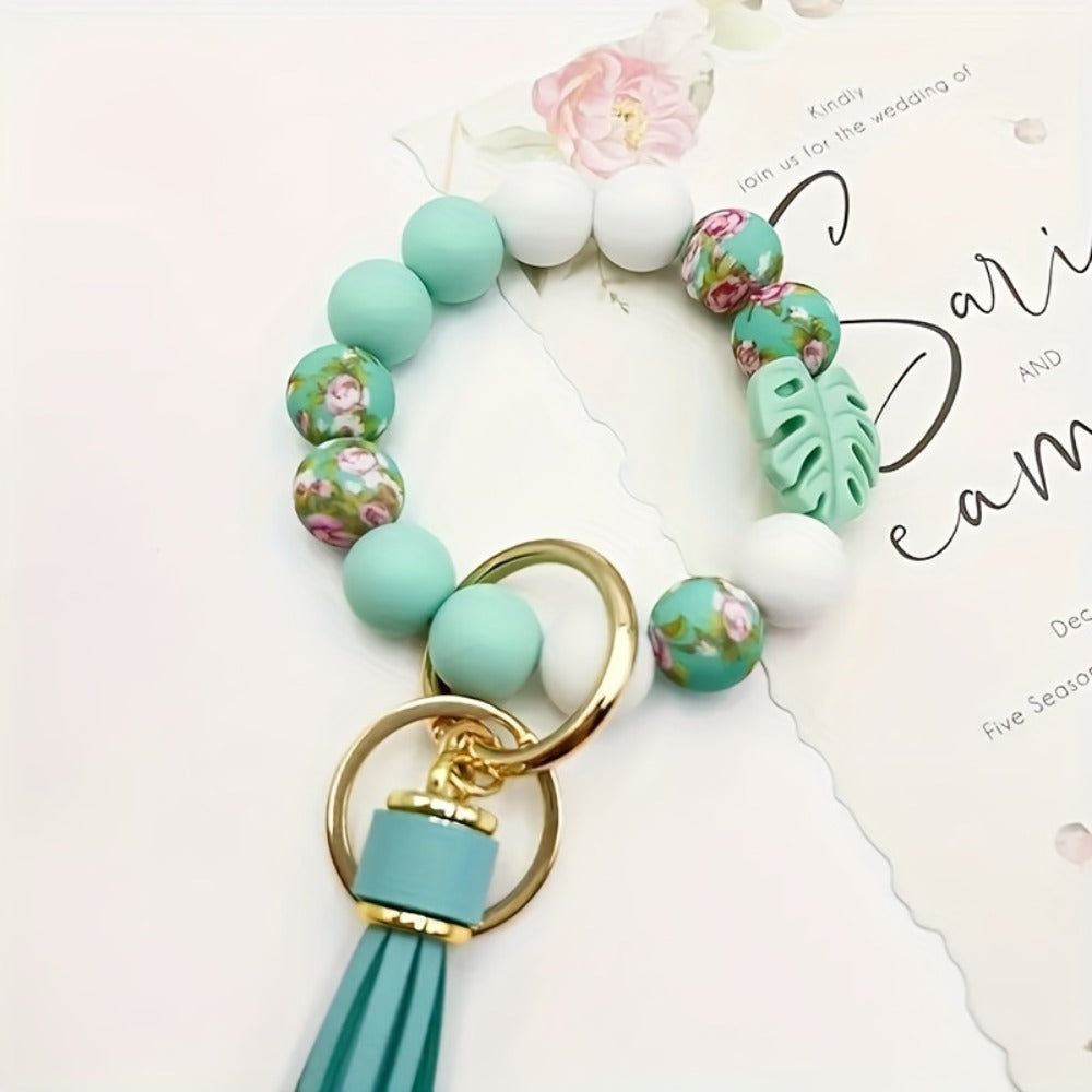 Keychain - Silicone Beaded with Leaf Charm & Tassel | Trendy Floral & Solid Color - product detail view 2