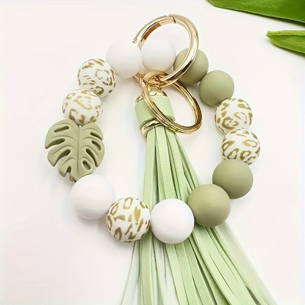 Keychain - Silicone Beaded with Leaf Charm & Tassel | Trendy Floral & Solid Color - product detail view 3