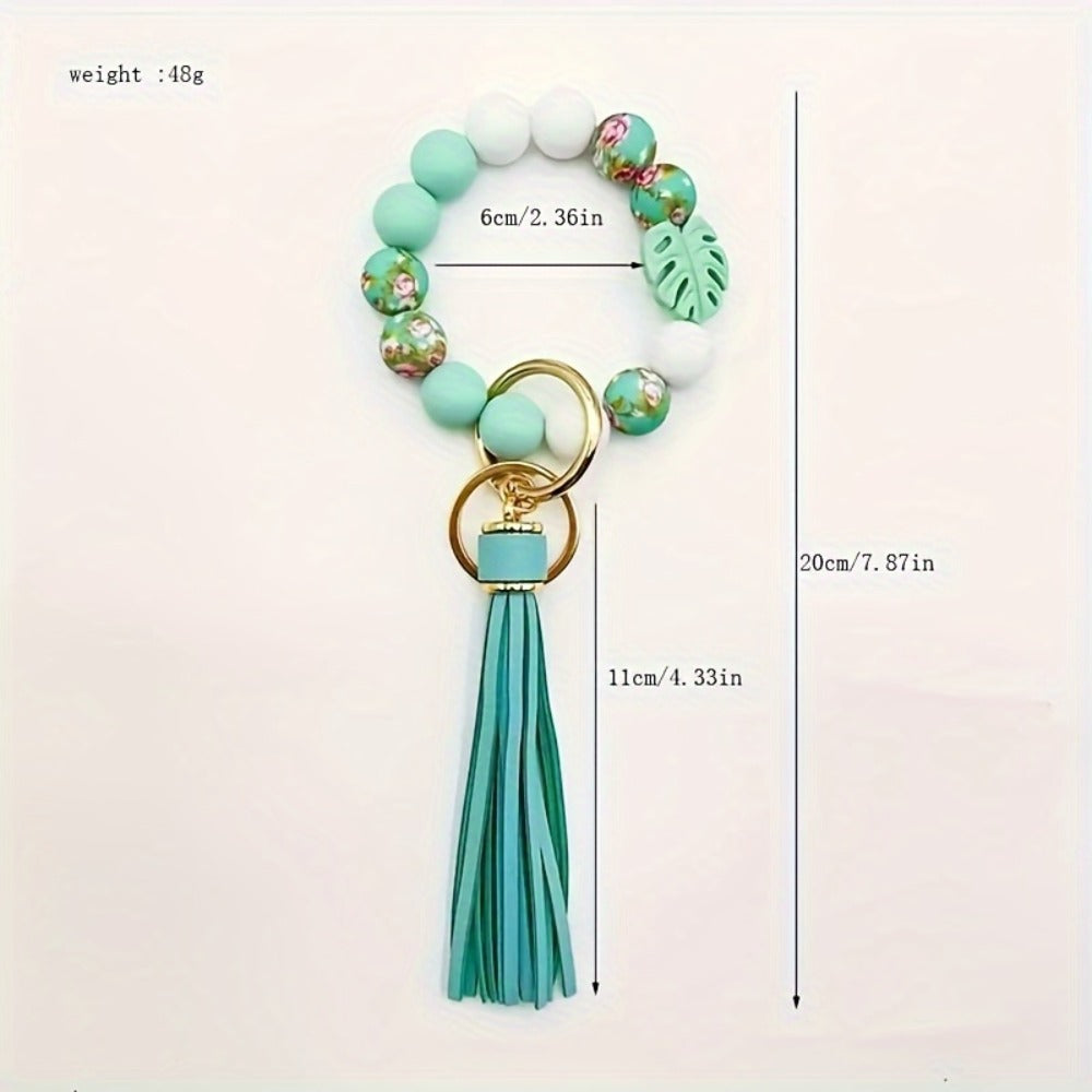 Keychain - Silicone Beaded with Leaf Charm & Tassel | Trendy Floral & Solid Color - product detail view 4