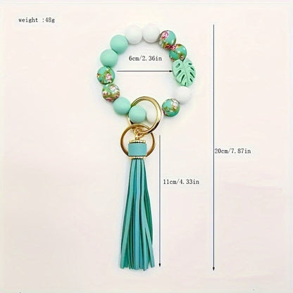 Keychain - Silicone Beaded with Leaf Charm & Tassel | Trendy Floral & Solid Color - product detail view 4