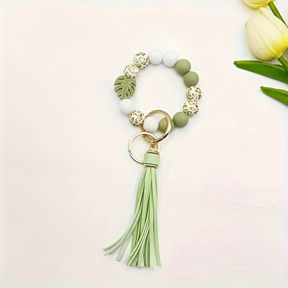 Keychain - Silicone Beaded with Leaf Charm & Tassel | Trendy Floral & Solid Color - product detail view 5