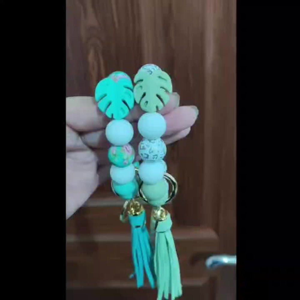 Keychain - Silicone Beaded with Leaf Charm & Tassel | Trendy Floral & Solid Color - product detail view 6