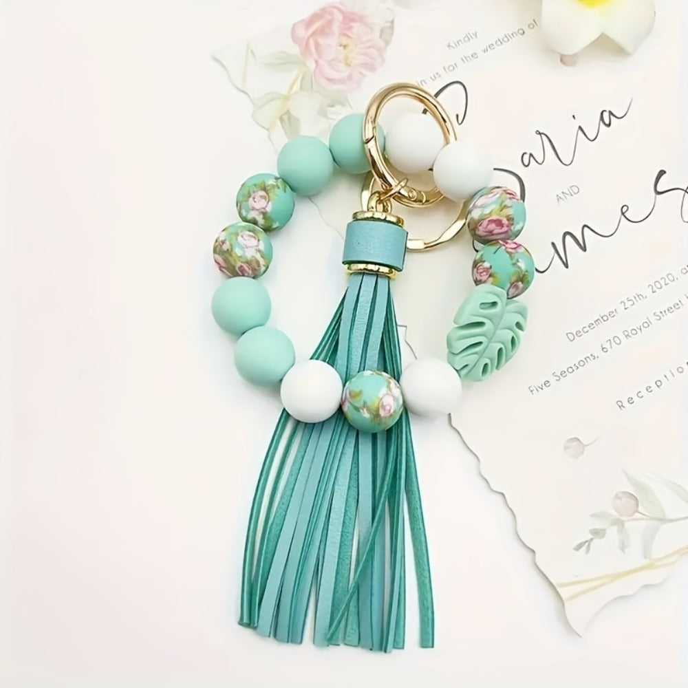 Keychain - Silicone Beaded with Leaf Charm & Tassel | Trendy Floral & Solid Color - product detail view 7