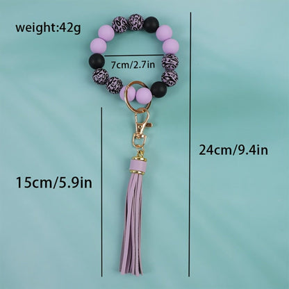 Keychain - Wooden Bead Set 6 Pcs - Leopard Print Tassel Boho for Women, Handmade - product detail view 2