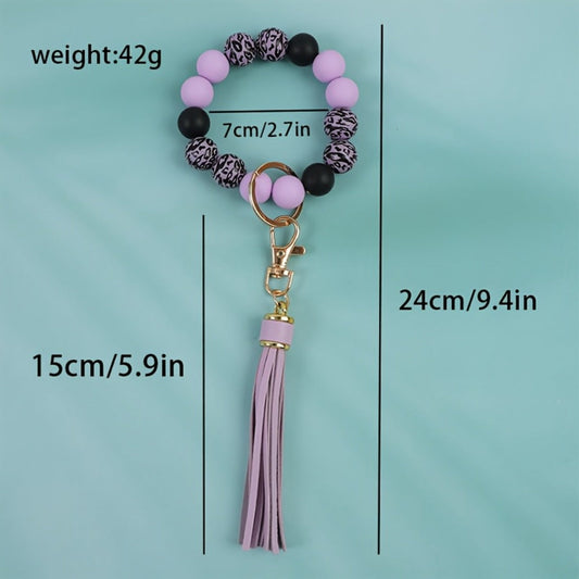 Keychain - Wooden Bead Set 6 Pcs - Leopard Print Tassel Boho for Women, Handmade - product detail view 2