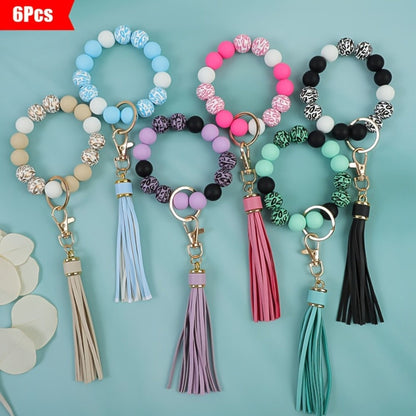 Keychain - Wooden Bead Set 6 Pcs - Leopard Print Tassel Boho for Women, Handmade - product detail view 3