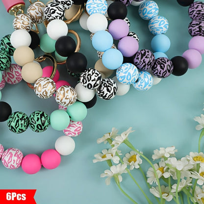 Keychain - Wooden Bead Set 6 Pcs - Leopard Print Tassel Boho for Women, Handmade - product detail view 4