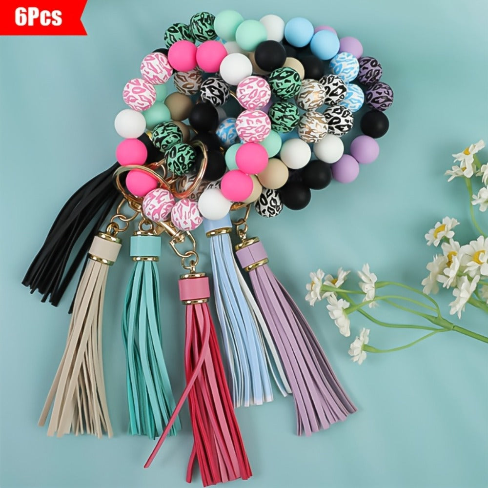 Keychain - Wooden Bead Set 6 Pcs - Leopard Print Tassel Boho for Women, Handmade - product detail view 5