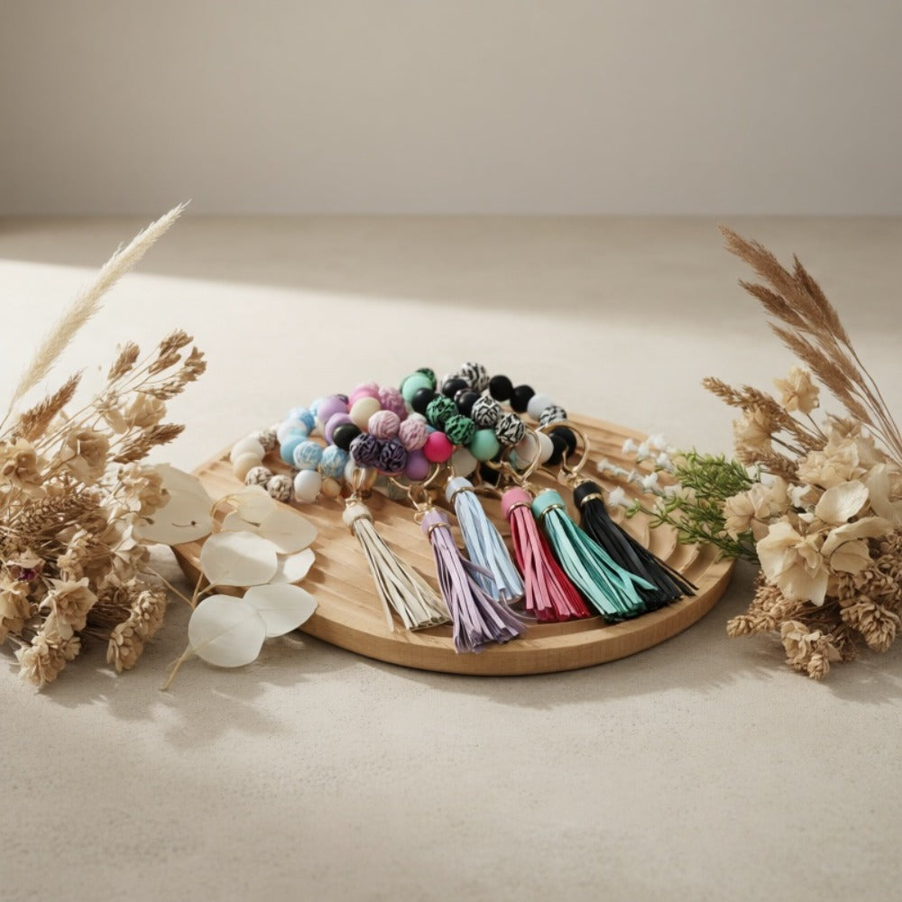 Keychain - Wooden Bead Set 6 Pcs - Leopard Print Tassel Boho for Women, Handmade - product detail view 6