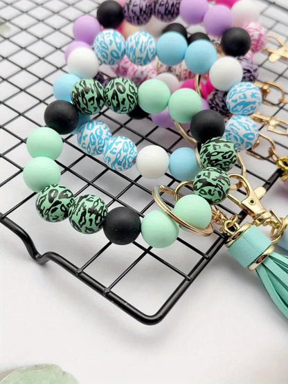 Keychain - Wooden Bead Set 6 Pcs - Leopard Print Tassel Boho for Women, Handmade - product detail view 7