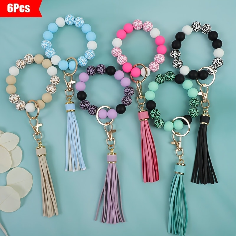 Keychain - Wooden Bead Set 6 Pcs - Leopard Print Tassel Boho for Women, Handmade - product detail view 8