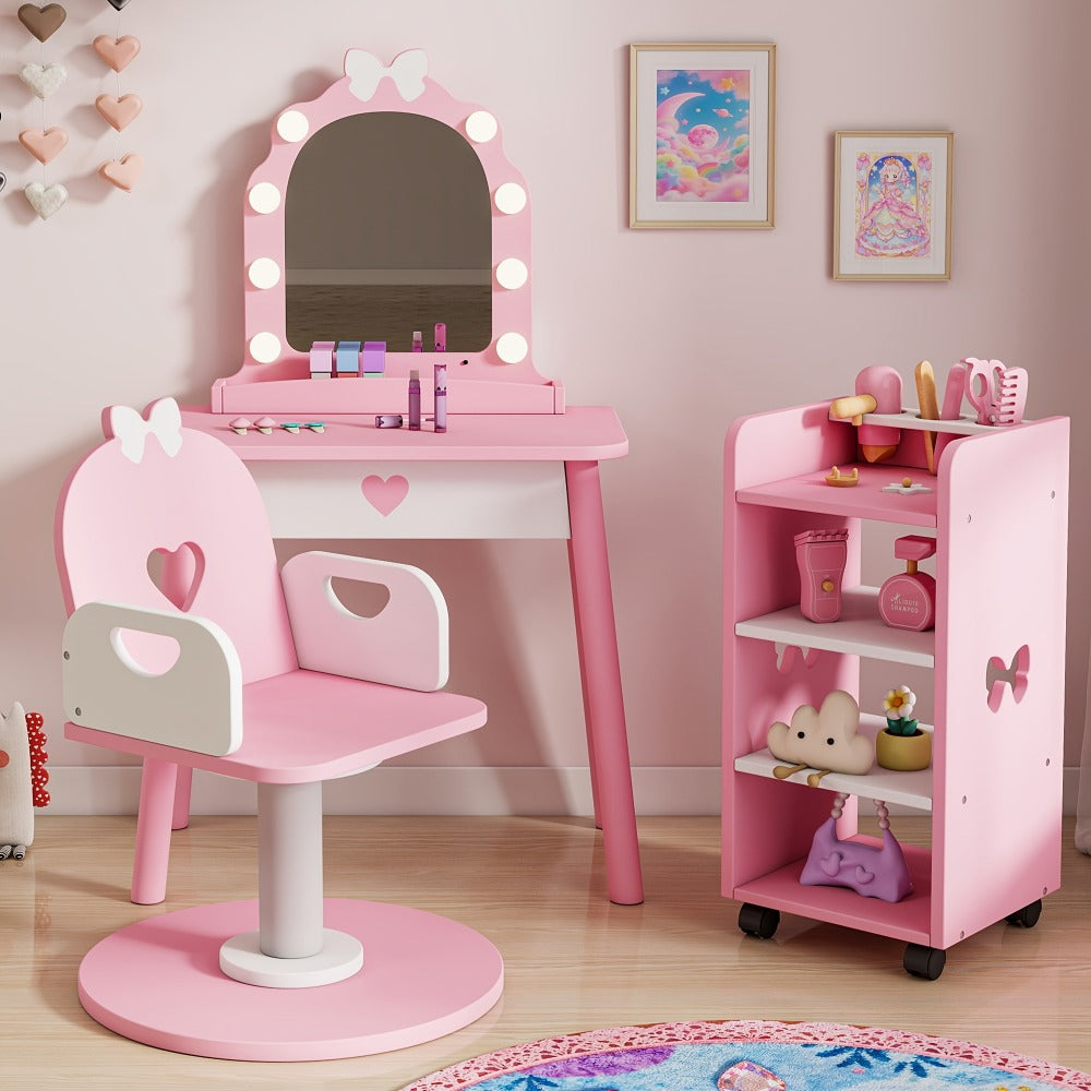 Kids Pretend Play Set, Kids Hair Salon Vanity Play Set with Light & Barber Chair, Pink shown in the main product view
