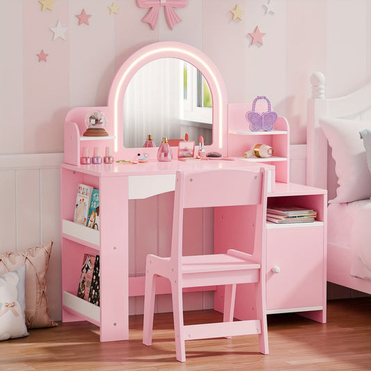 Kids Vanity Set with LED Lighted Mirror, Girls Princess Makeup Desk & Chair with Storage shown in the main product view