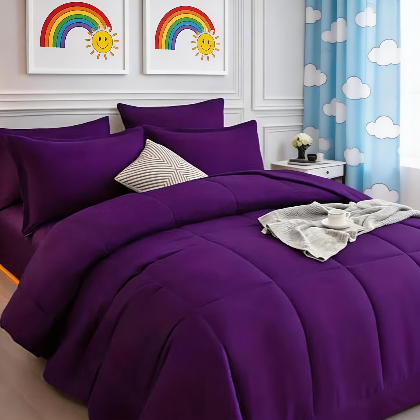 Seven-Piece Comforter Bed-in-a-Bag Set with Short-Plush Fabric, 12 Colors and Full, Queen or King Sizes
