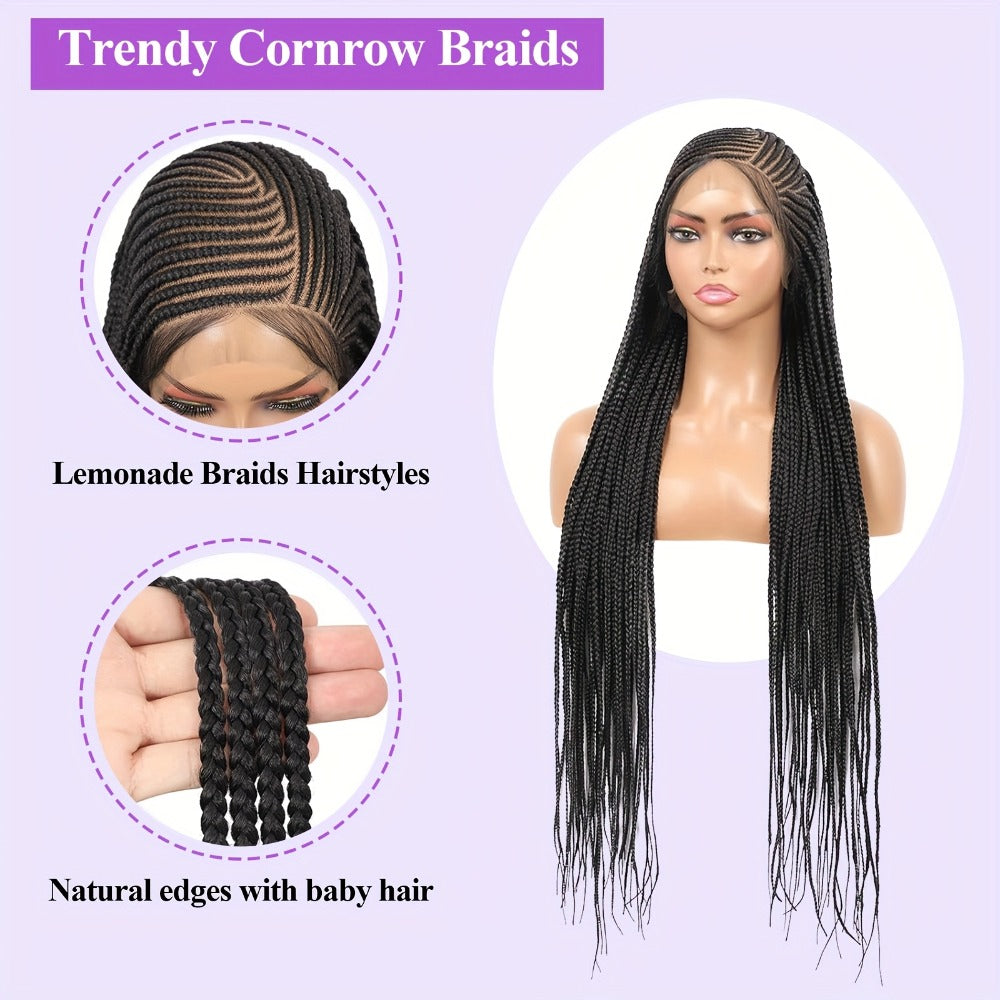 Lace Front Wig - Box Braids Synthetic HD Full 36 Inch - Black Straight Hair for Women - product detail view 7