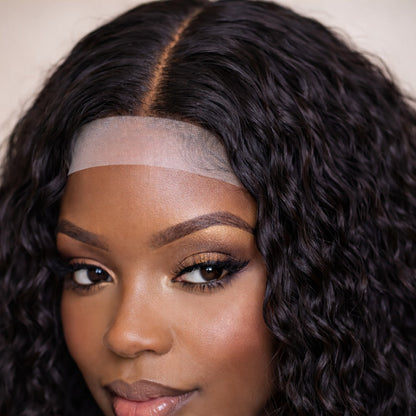 Lace Front Wig - Deep Wave for Women - 24 Inch Water Wave Synthetic Hair, Natural Black - product detail view 5