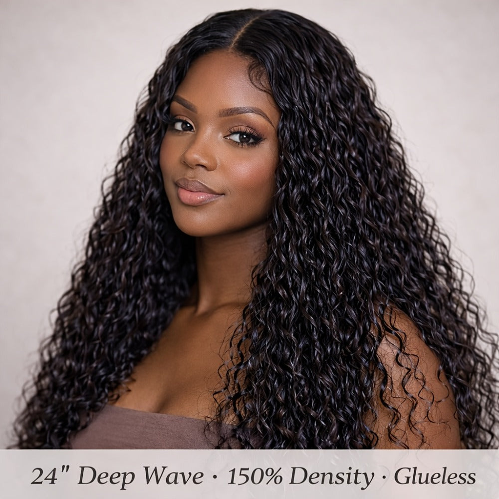 Lace Front Wig - Deep Wave for Women - 24 Inch Water Wave Synthetic Hair, Natural Black - product detail view 13