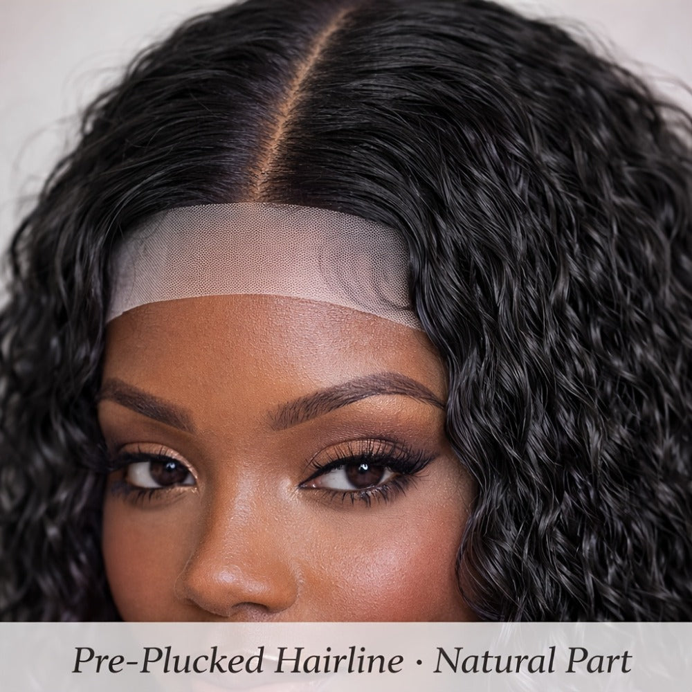 Lace Front Wig - Deep Wave for Women - 24 Inch Water Wave Synthetic Hair, Natural Black - product detail view 14