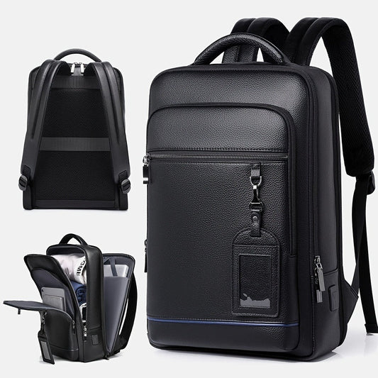 Laptop Backpack – 15.6 Inch, Genuine Leather, USB Charging, for Travel & Work – front view