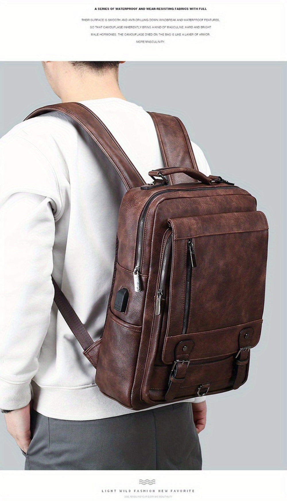 Laptop Backpack – 15.6 Inch, PU Leather, USB Charging, for Work & Everyday Use – detail view 17