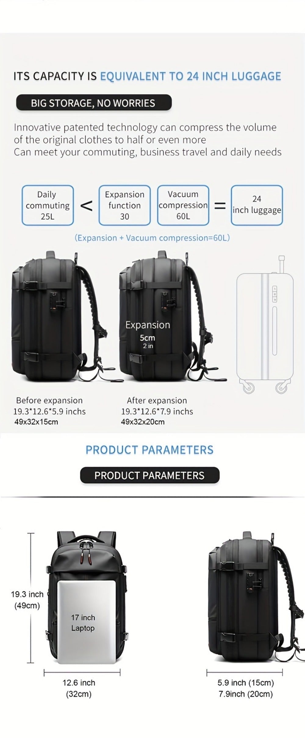 Laptop Backpack – 60L, TSA Lock, Anti-Theft, for Travel – detail view 14