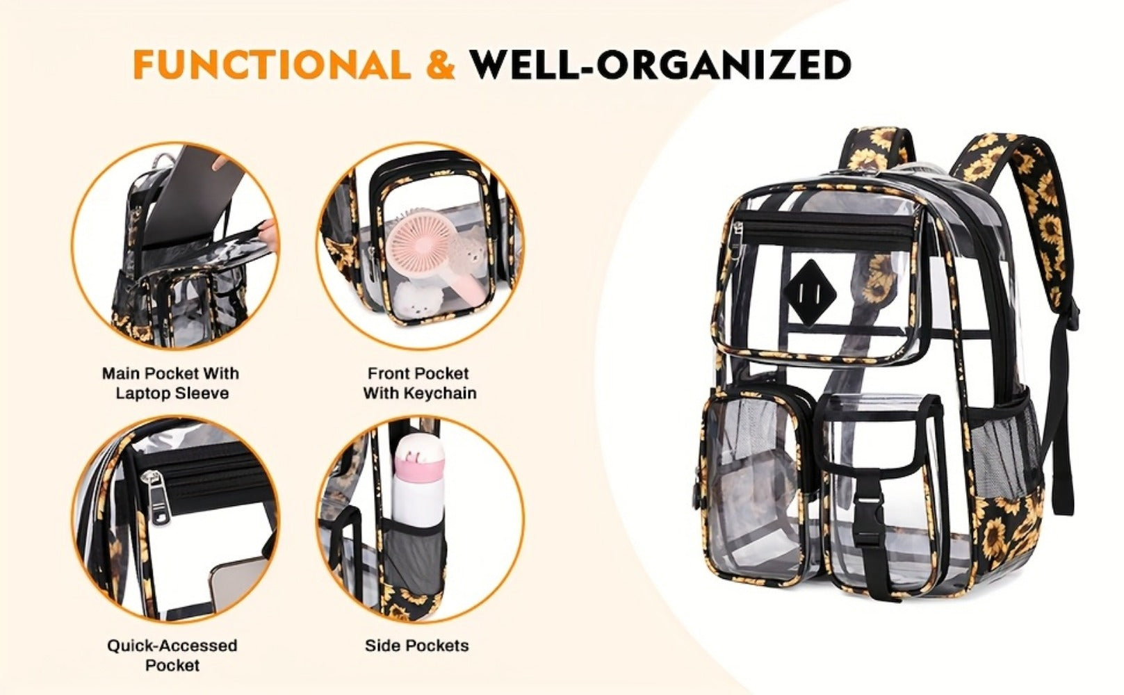 Laptop Backpack – PVC, Clear, Large Capacity, Transparent – detail view 11