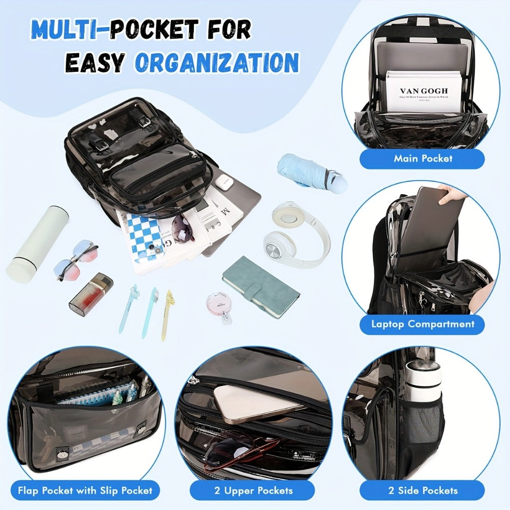 Laptop Backpack – PVC, Transparent, Large Capacity, Multi-Pocket – detail view 9