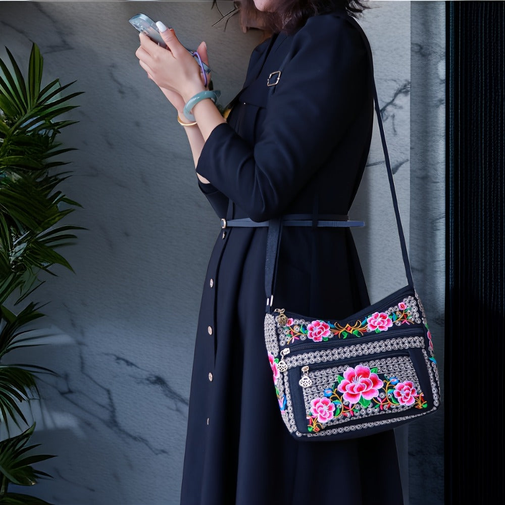 Laptop Bag – Adjustable Strap, Embroidered Floral Retro Bohemian Adjustable – front view