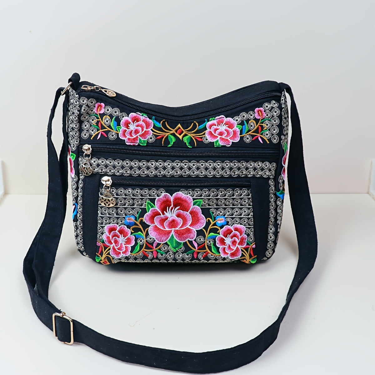 Laptop Bag – Adjustable Strap, Embroidered Floral Retro Bohemian Adjustable – front view - product view 21