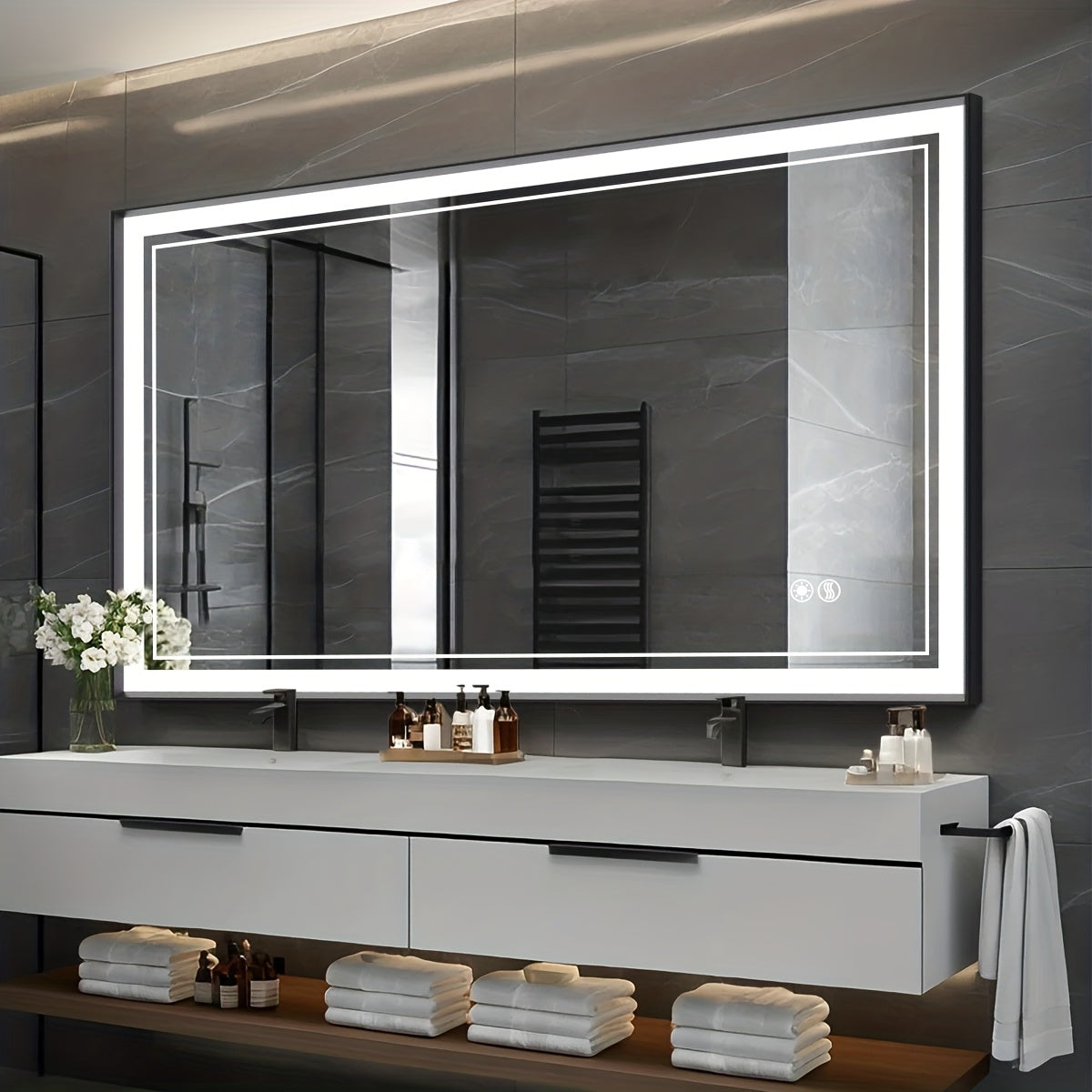 LED Bathroom Mirror shown in the 40 x 28 LED mirror option