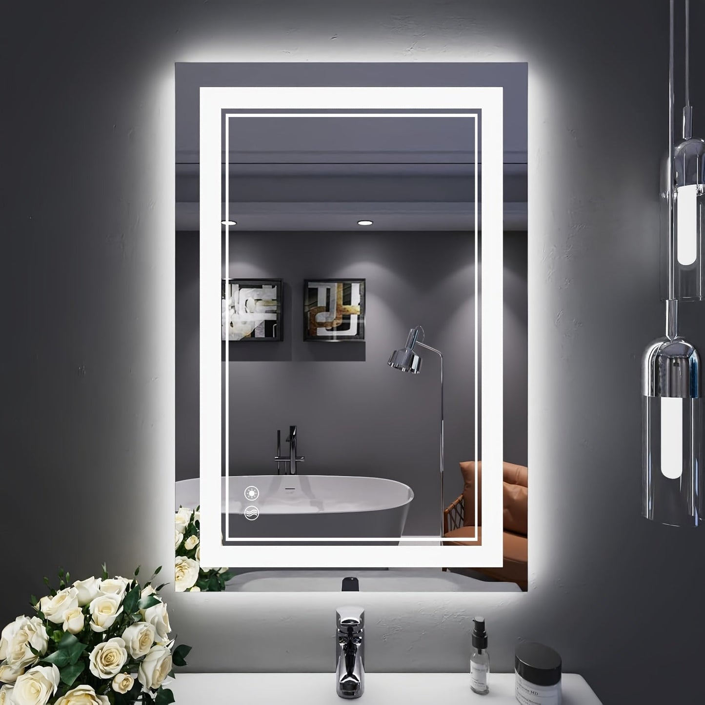 LED Bathroom Mirror shown in the 24X36'' Horizontal/Vertical option